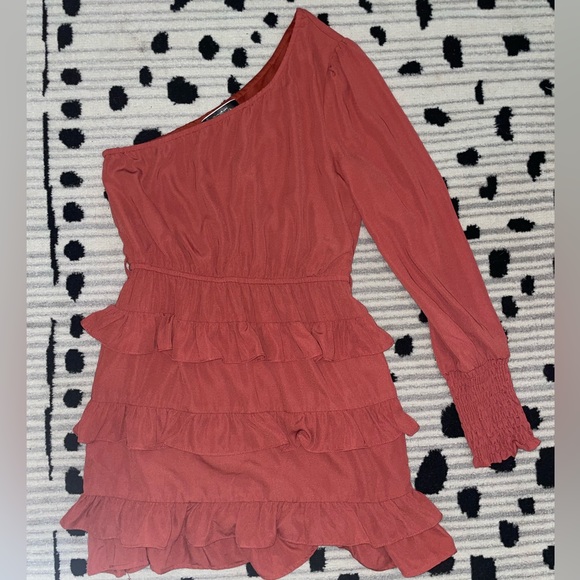 One Shoulder Orange Ruffle Dress Size Small - Picture 3 of 4